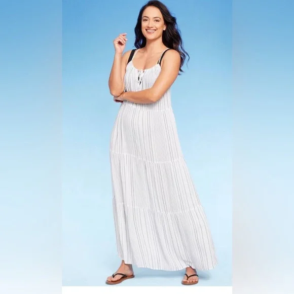 Kona Sol Women’s Tiered Maxi Cover Up Dress | White and Navy Striped - Picture 1 of 7